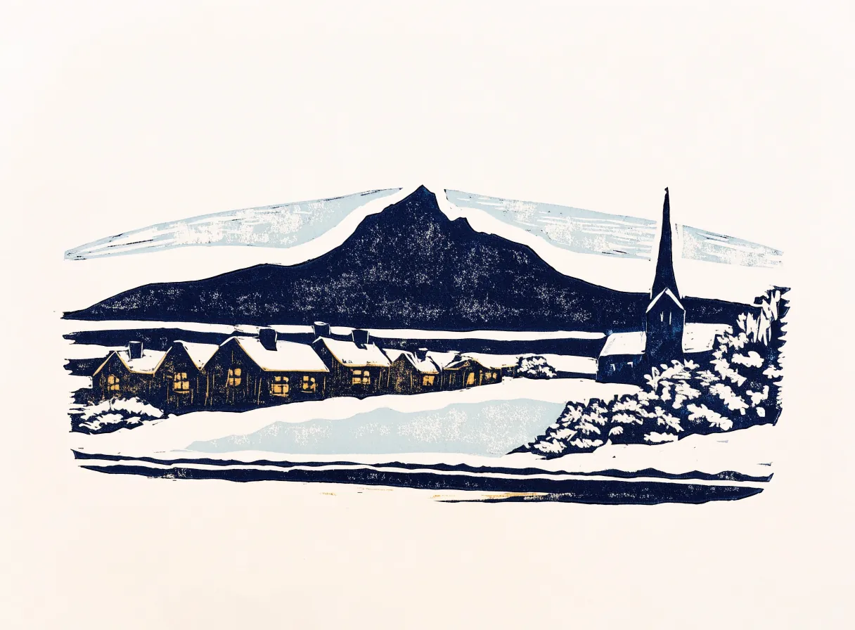 nordnorsk småby i mørketid med lys i vinduene (illustrasjon)