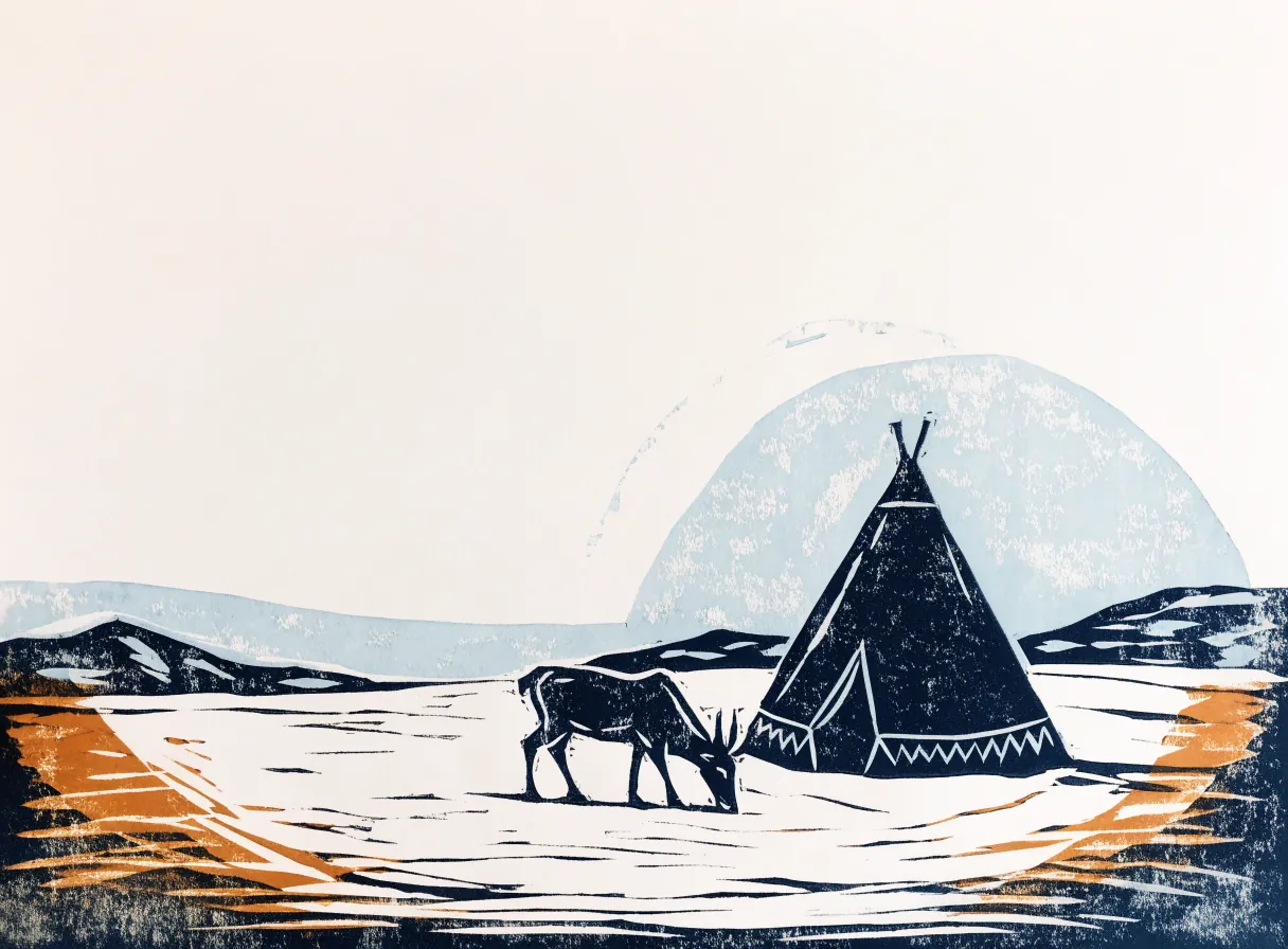 lavvo og rein på Finnmarksvidda (illustrasjon)