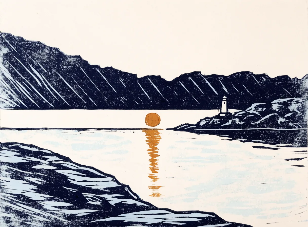 midnattssola like over havet ved et fyr (illustrasjon)