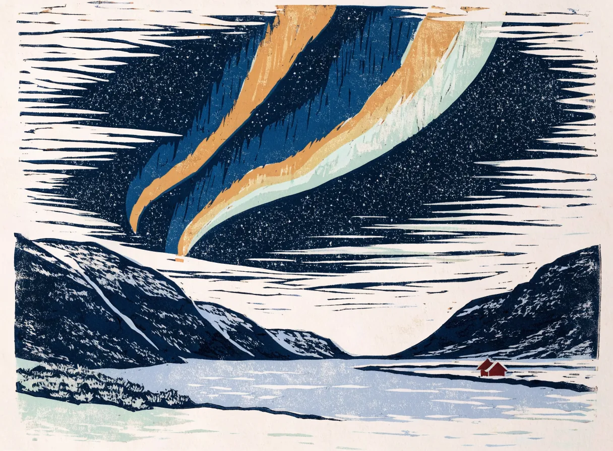nordlys over en fjord med et lite hus ved fjæra (illustrasjon)