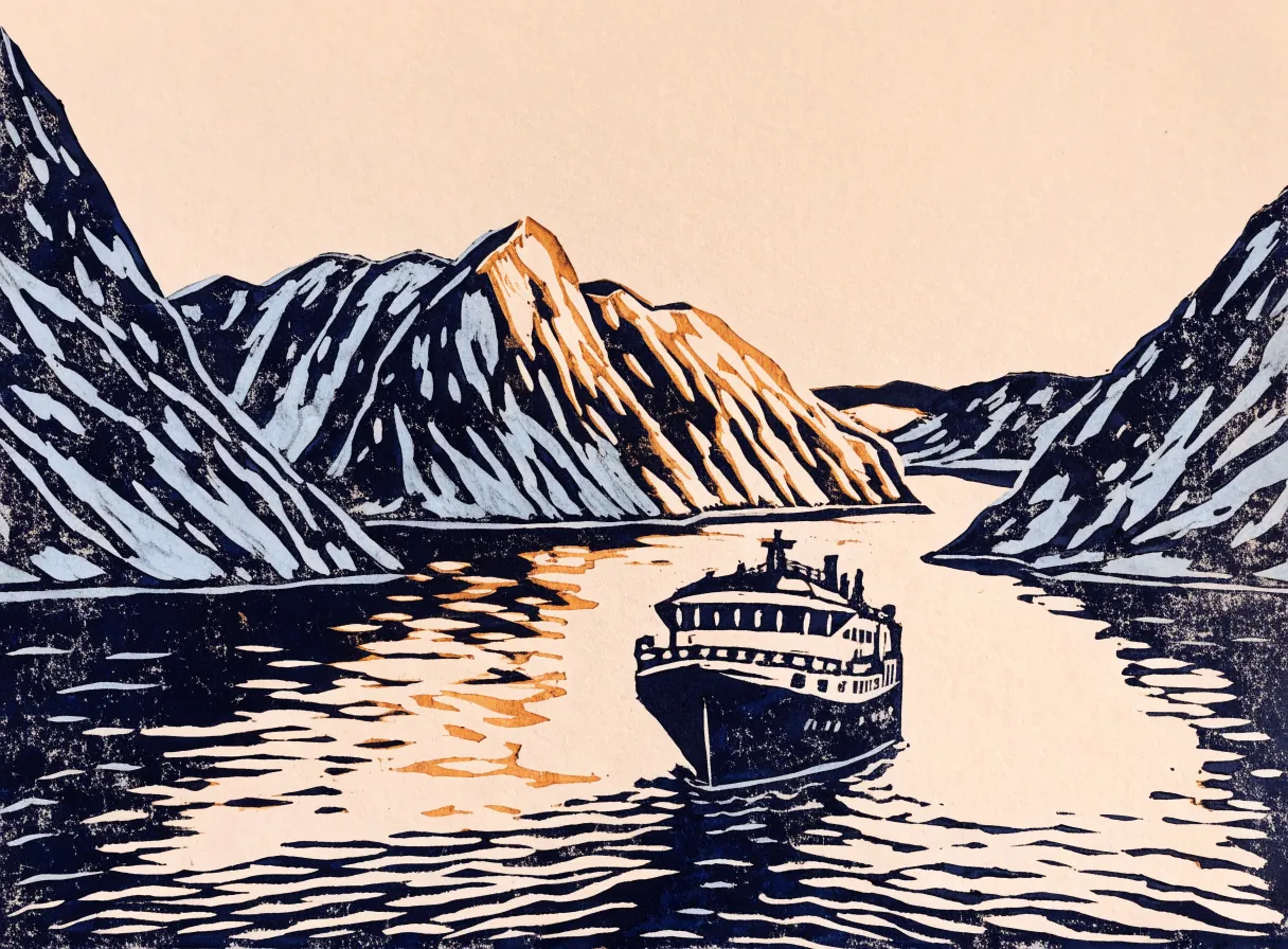 kystruteskip i en fjord om vinteren (illustrasjon)