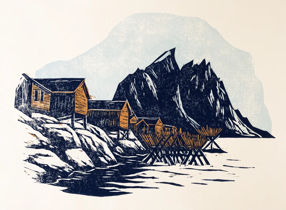 rorbuer, tørrfiskhjeller og spisse tinder i Lofoten (illustrasjon)